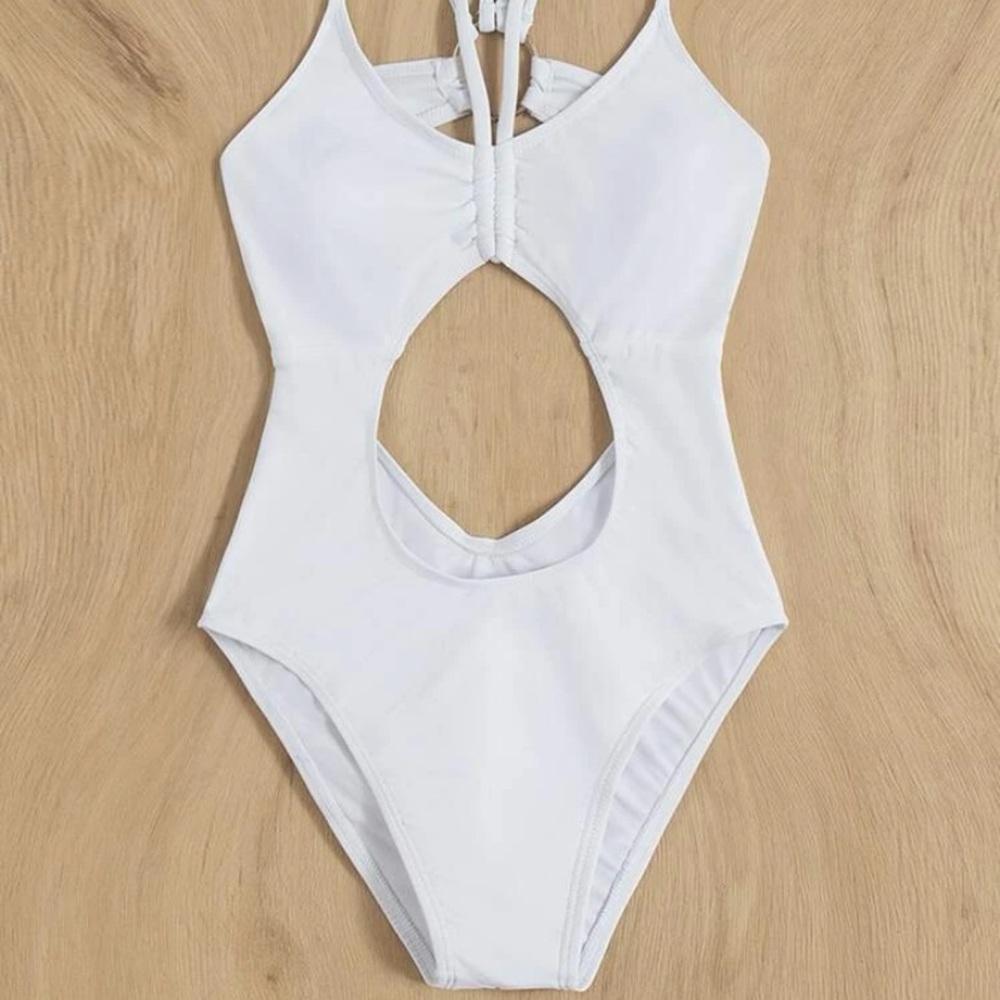 One Piece Swimsuit women size S Cute Cut-out White Ruched with Spaghetti Straps